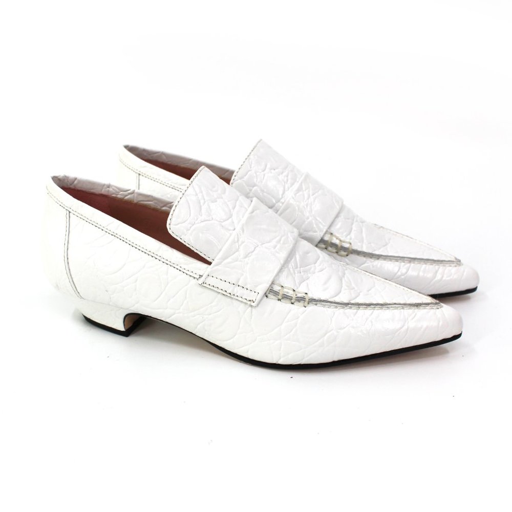 SCHUTZ Emelie White Leather Croc Embossed Point Toe Slip On Heeled Loafers 6 NEW